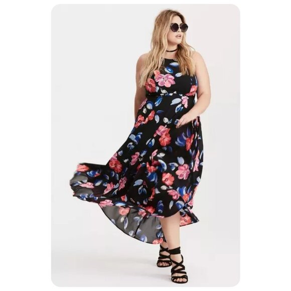Torrid Black Floral Print Georgette High Neck Sleeveless Maxi Dress sz 10 - Picture 3 of 10